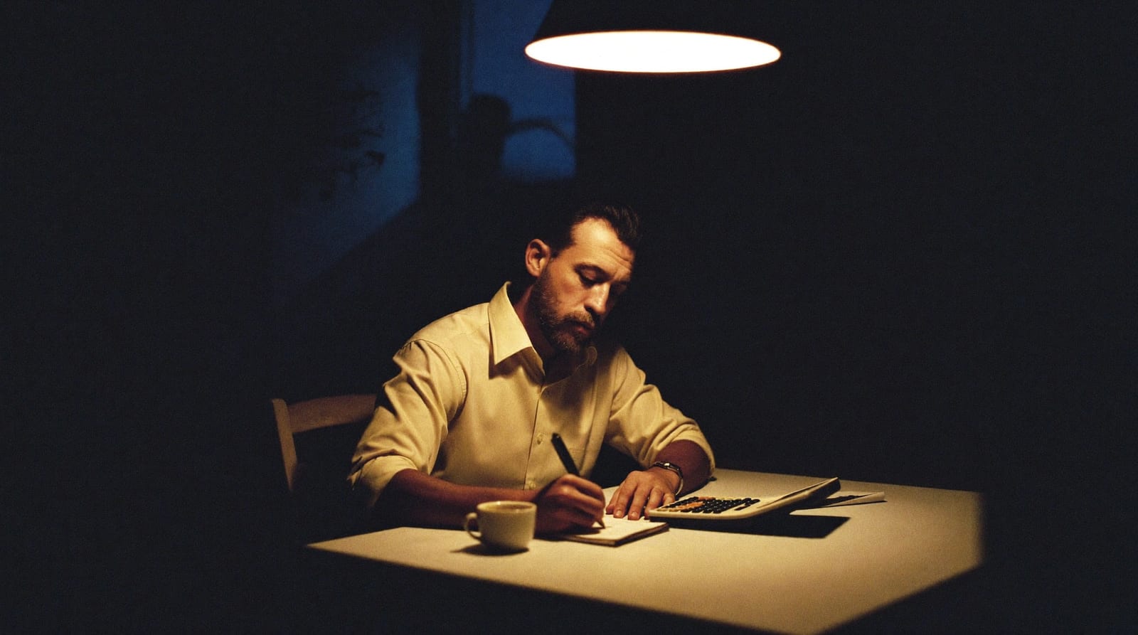 Homem comum sozinho na mesa da cozinha à noite, sob a luz de uma única lâmpada, escrevendo os primeiros planos — o começo do zero.