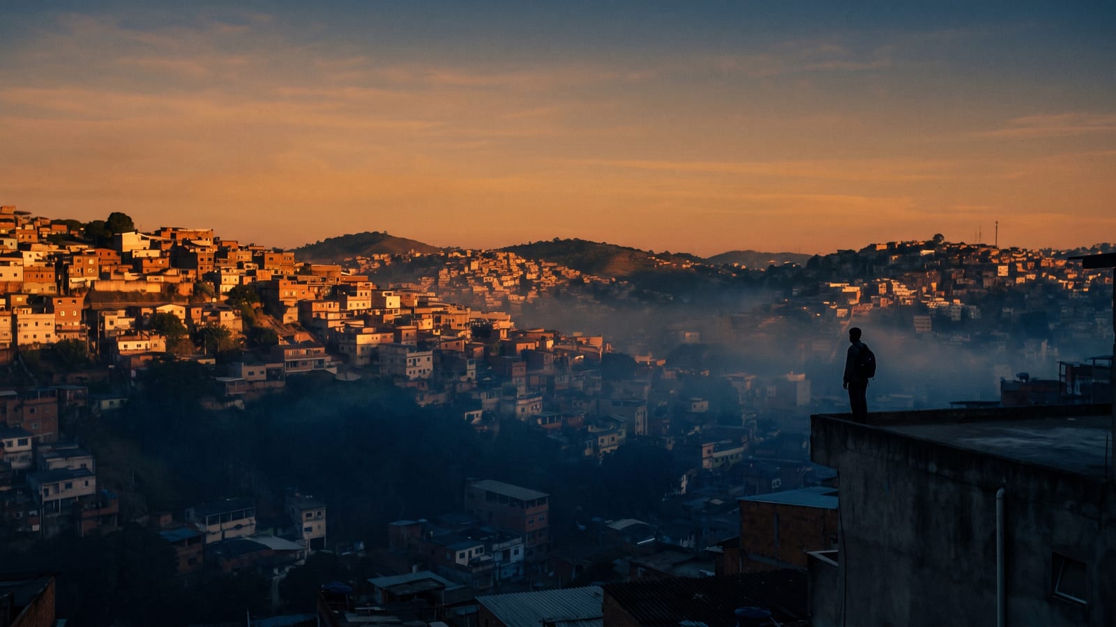 Cidade brasileira ao primeiro sol, vista de uma laje, com a silhueta de uma pessoa olhando o horizonte — o recomeço.