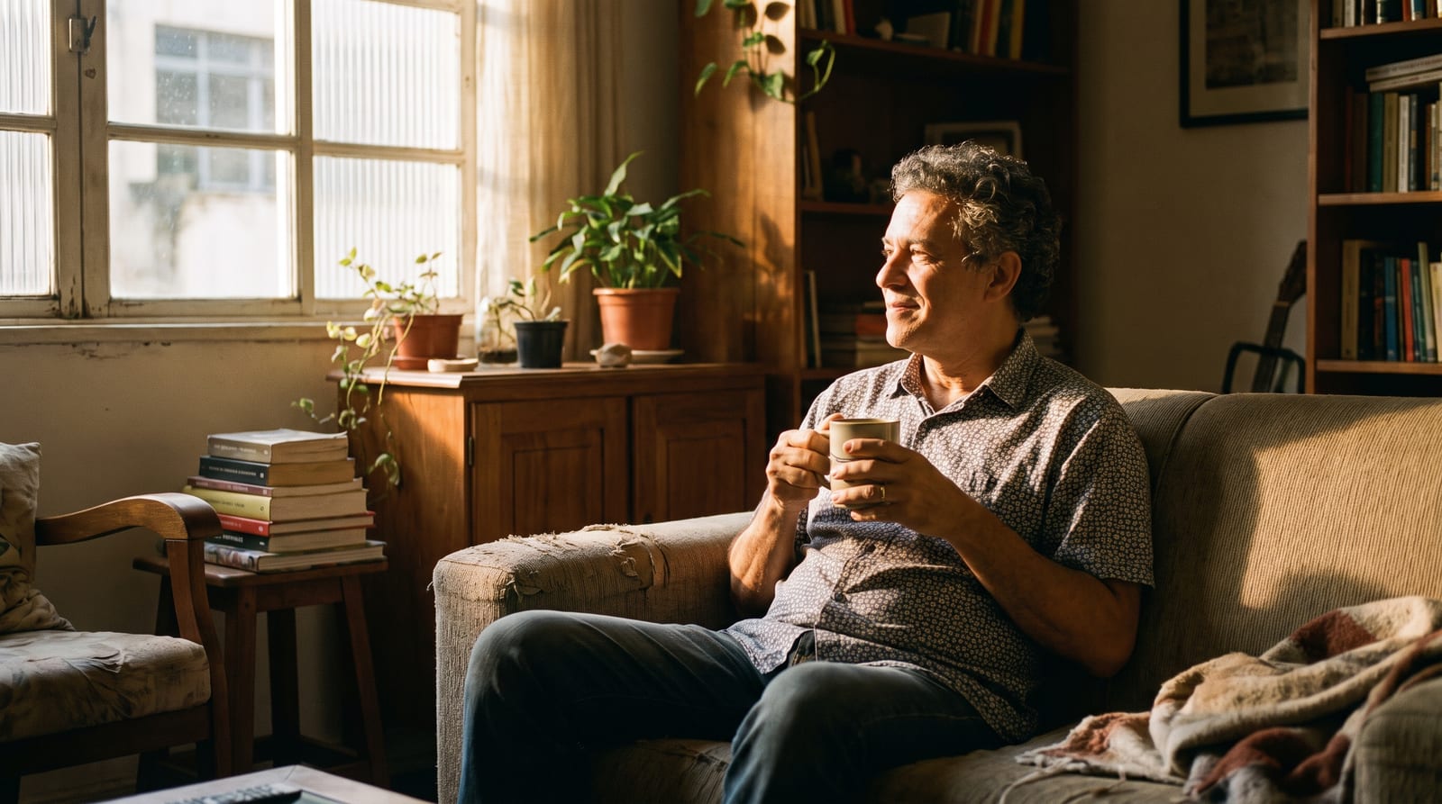 Pessoa comum em casa, na luz dourada da tarde, tranquila, com uma xícara de café — a paz de quem organizou a vida.